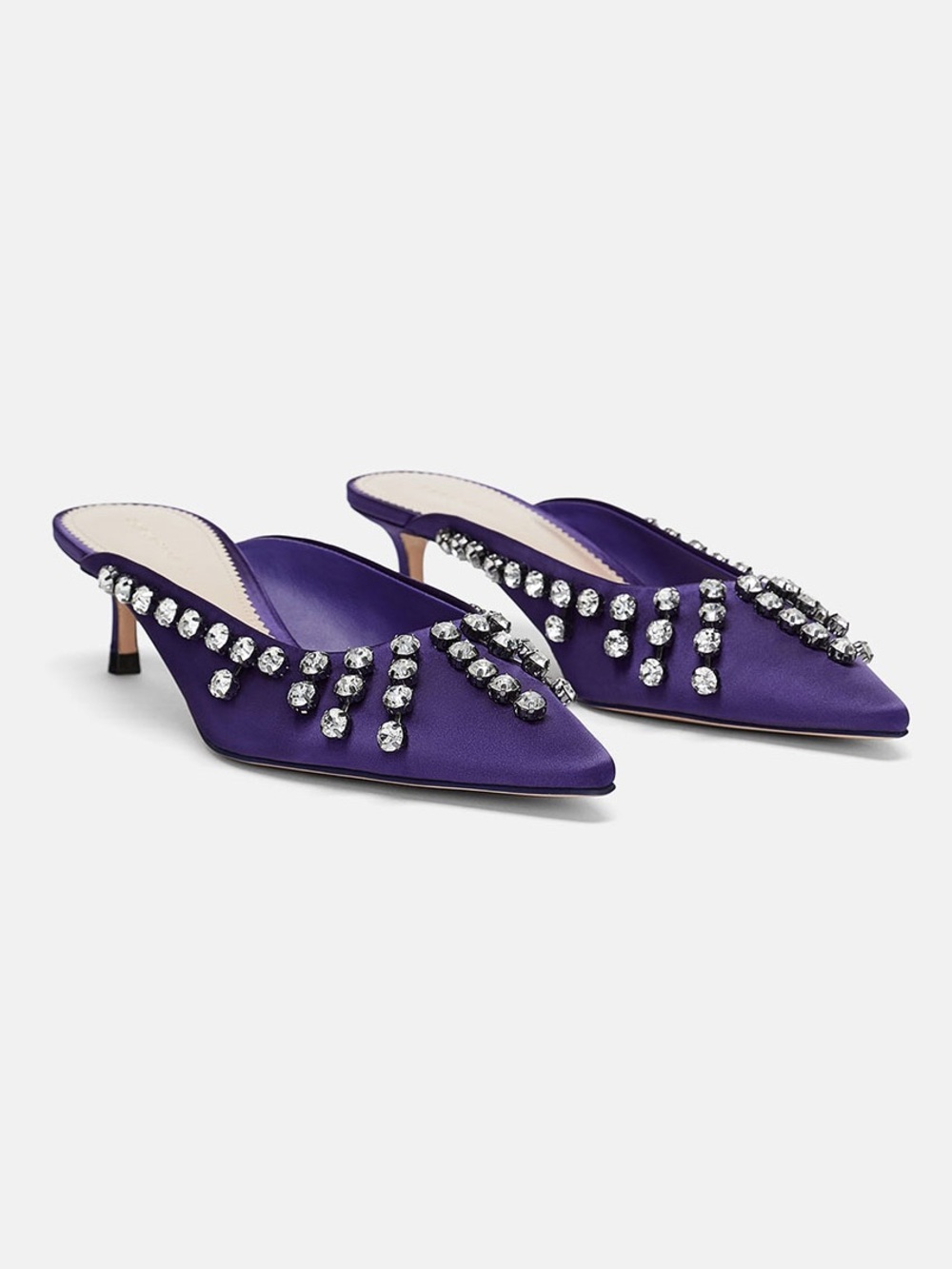 Zara Purple Satin Rhinestone Kitten Heel Mules Diamante Fringe Pointed Toe
